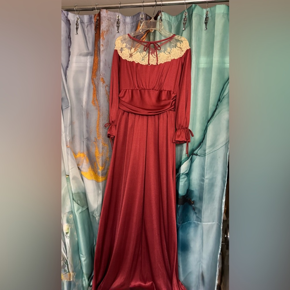 Vintage burgundy 70s Victorian style lace neck maxi dress